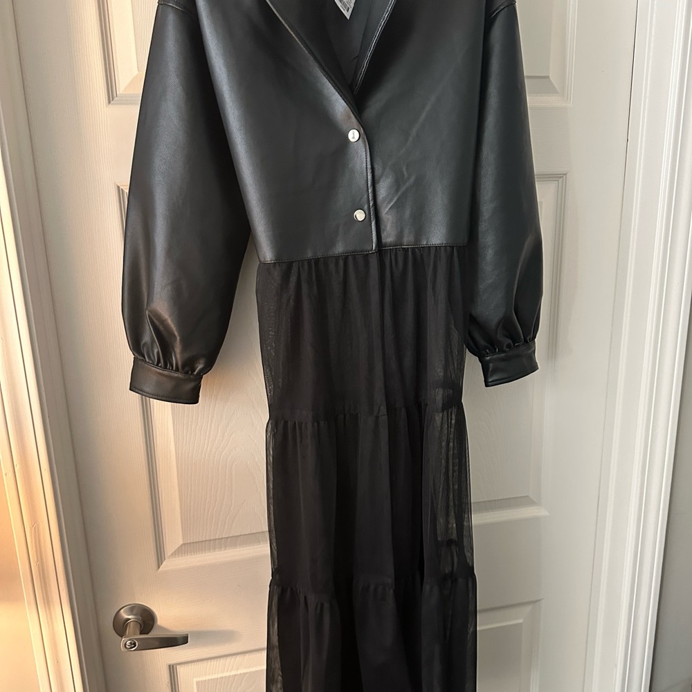 AKIRA Faux Leather & Sheer Chiffon Trench Coat Dress Black Sz S Edgy Gothic - Picture 10 of 12